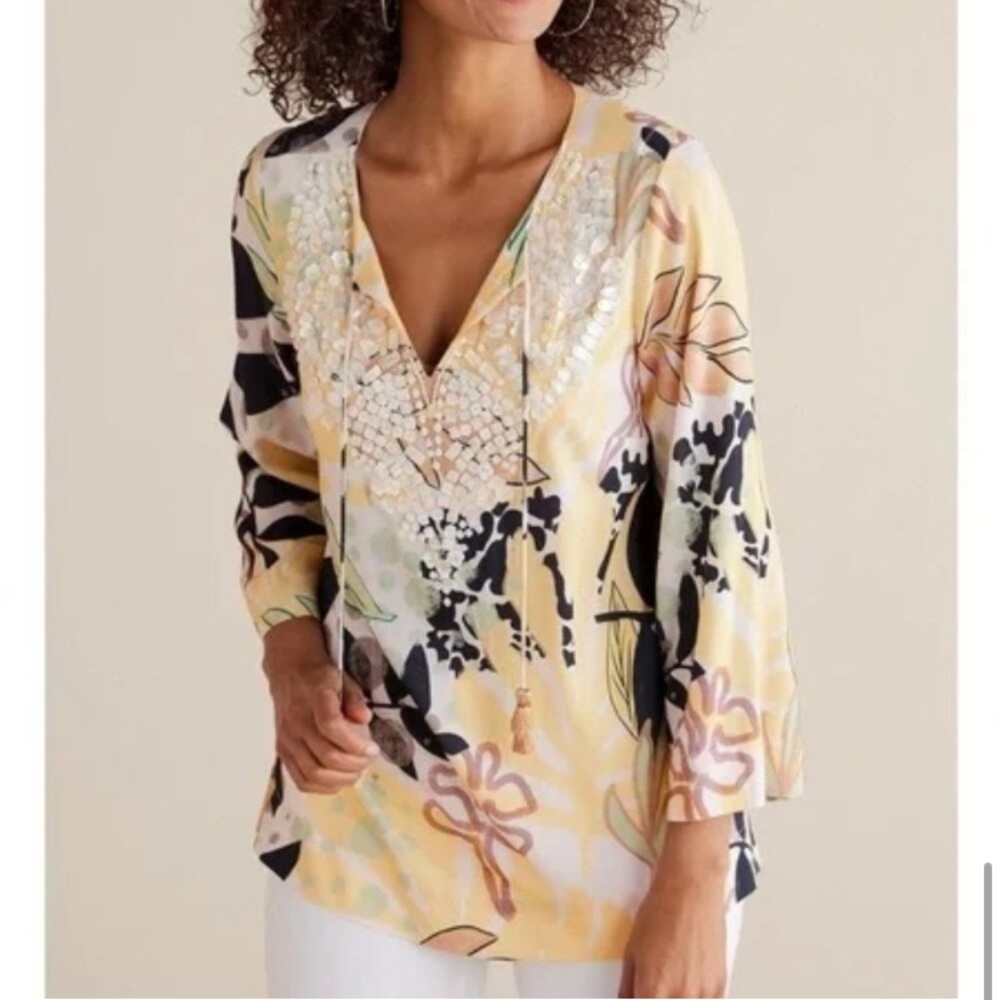 Soft Surroundings Vigne Tunic Top XS Petite Floral Yellow  Embellished Rayon
